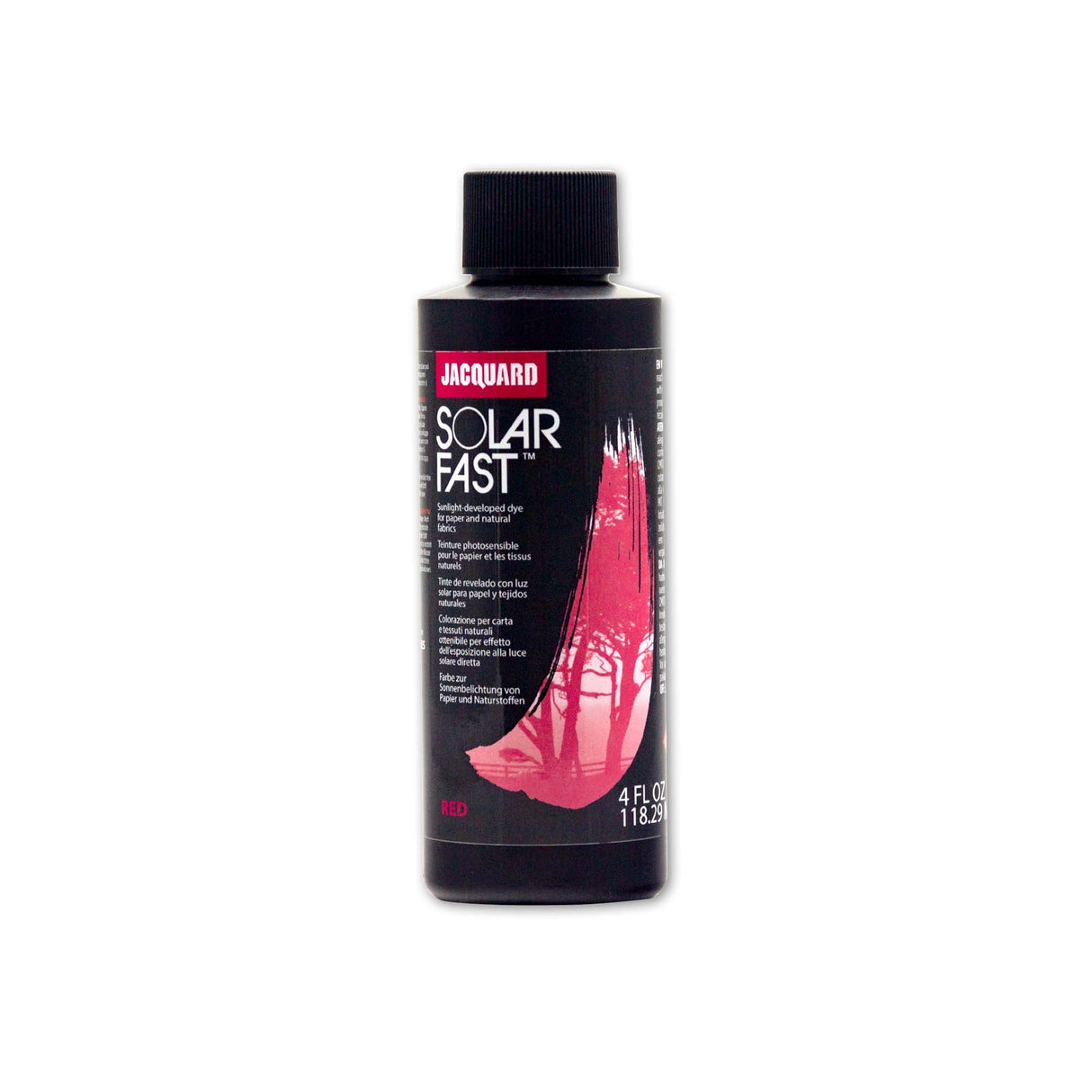 Bottle of Jacquard Solar Fast Red dye on a white background