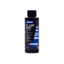 Bottle of Jacquard Solar Fast blue dye on a white background