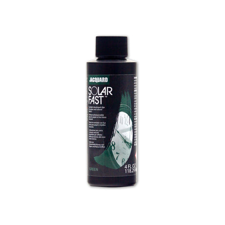 Bottle of Jacquard Solar Fast dye green on a white background
