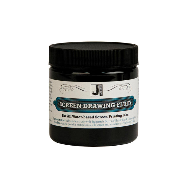 Jar of screen drawing fluid with a black lid on a white background