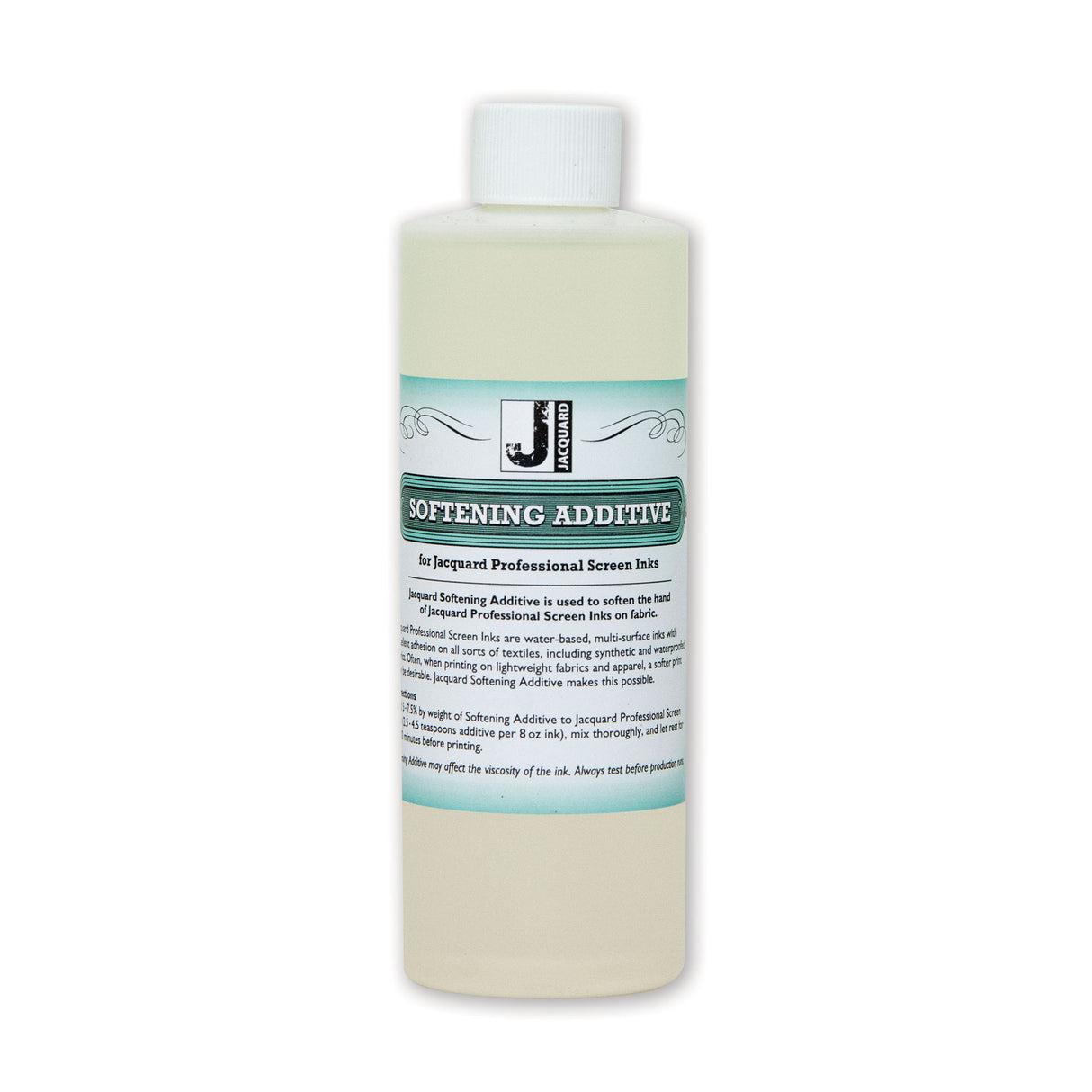 Bottle of softening additive with a white label on a white background