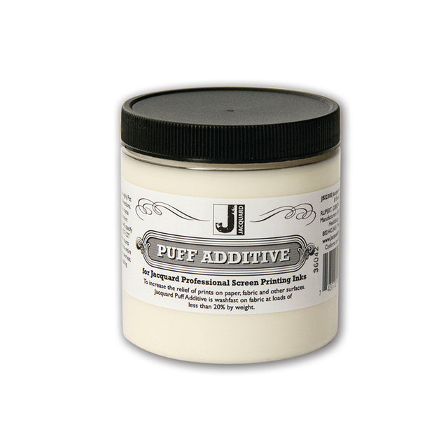 Jar of puff additive with a black lid on a white background