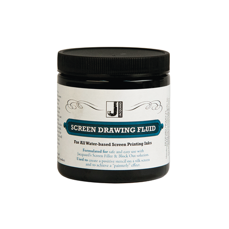 Jar of screen drawing fluid with a black lid on a white background