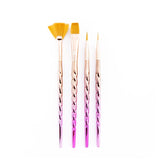 4 artist paint brushes on in the style of a unicorn horn on a white background