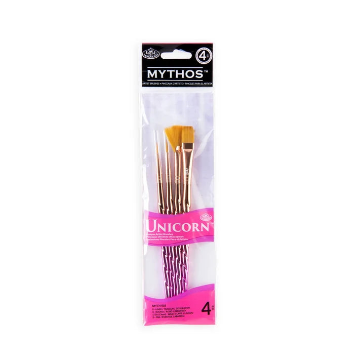 A 4-piece set of Mythos Unicorn acrylic paint brushes in their original retail packaging, featuring gold ferrules and pink striped handles.