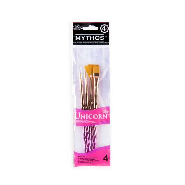 A 4-piece set of Mythos Unicorn acrylic paint brushes in their original retail packaging, featuring gold ferrules and pink striped handles.