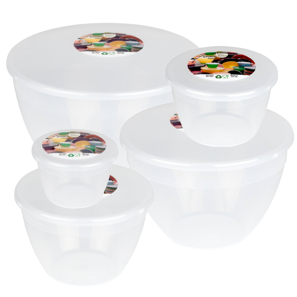 Set of clear white plastic basin with colorful labels on a white background