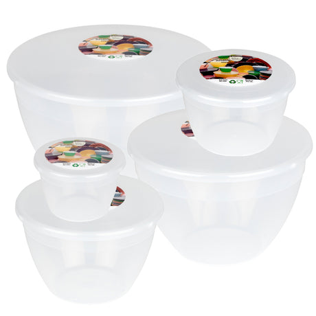 Set of clear white plastic basin with colorful labels on a white background