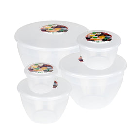 Set of clear white containers with colorful lids on a white background