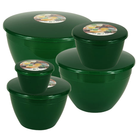 Set of emerald green plastic basins with lids on a white background