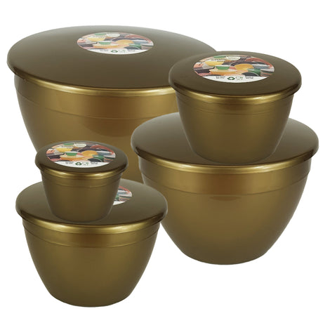 Set of gold-colored plastic pudding basins with lids on a white background