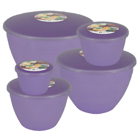 Set of purple plastic steamed pudding basins with lids on a white background