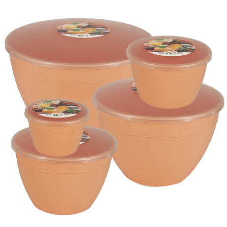 Set of peach-coloured pudding bowls with lids on a white background