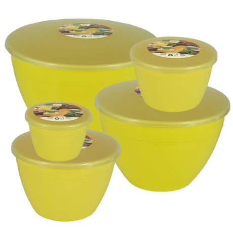 Set of yellow plastic containers with lids on a white background