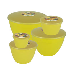 Set of yellow plastic steam pudding containers with lids on a white background