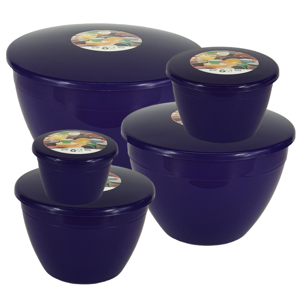 Set of five purple plastic bowls with lids on a white background