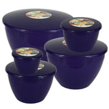 Set of five purple plastic bowls with lids on a white background