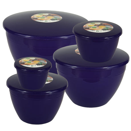 Set of five purple plastic bowls with lids on a white background