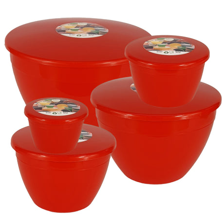 Set of red plastic basins with lids on a white background
