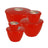 Set of red plastic steamed pudding bowls with lids on a white background