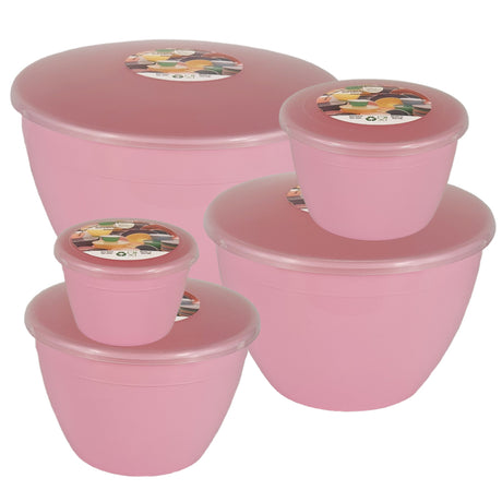 Set of pink plastic basins with lids on a white background