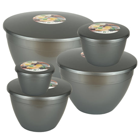 Set of silver coloured pudding basins with colorful labels on a white background
