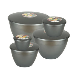 Set of silver coloured plastic steam pudding basins with lids on a white background