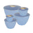 Set of sky blue plastic steamed pudding basins with lids on a white background