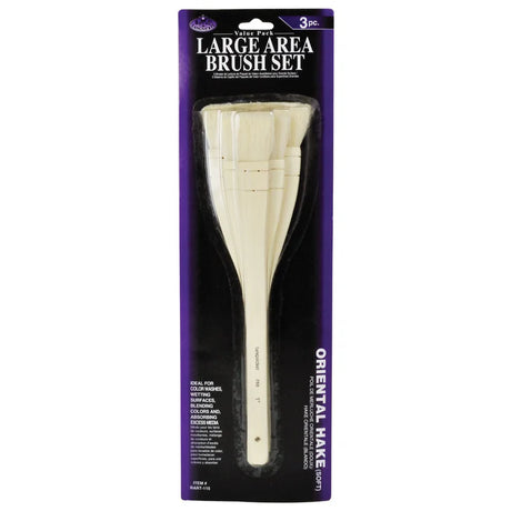A packaged Royal & Langnickel Hake Brush Set of 3, with brushes displayed in a clear plastic casing against a black background, labeled for large area brush sets.