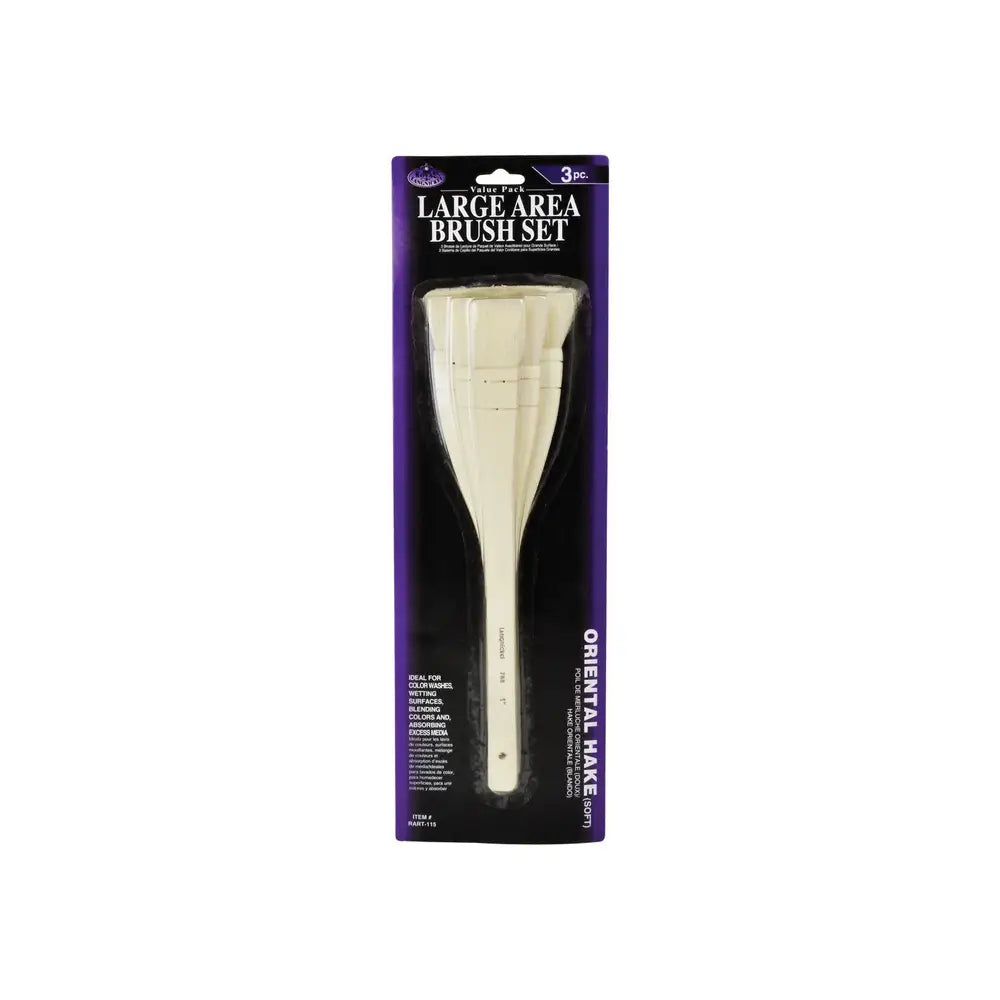 A packaged Royal & Langnickel Hake Brush Set of 3, with brushes displayed in a clear plastic casing against a black background, labeled for large area brush sets.