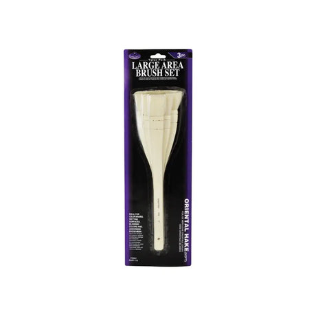 A packaged Royal & Langnickel Hake Brush Set of 3, with brushes displayed in a clear plastic casing against a black background, labeled for large area brush sets.