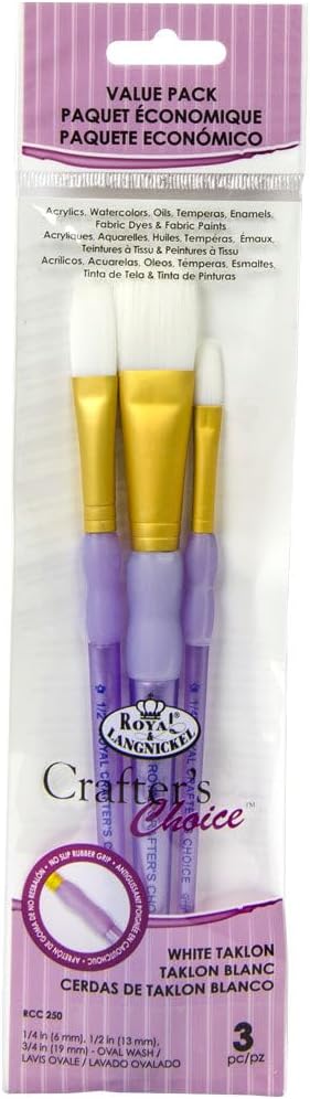 A pack of three Royal and Langnickel oval white taklon brushes with different sizes, displayed in its packaging.