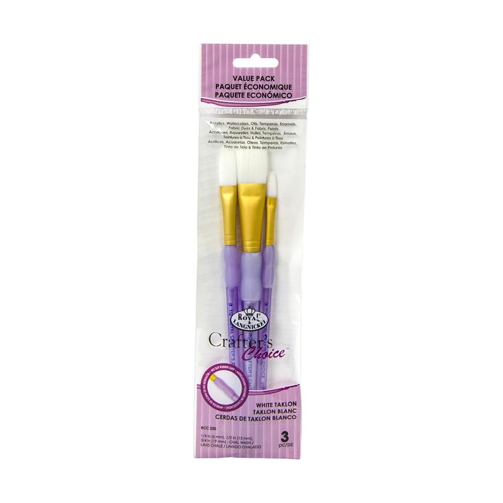 Pack of 3 white taklon  paint brushes on a white background