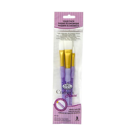 Pack of 3 white taklon  paint brushes on a white background