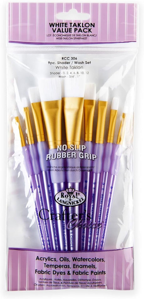 A pack of Royal and Langnickel RCC 306 Shader Wash 9 Brush Set with white taklon bristles and non-slip grip, displayed in a clear plastic packaging.