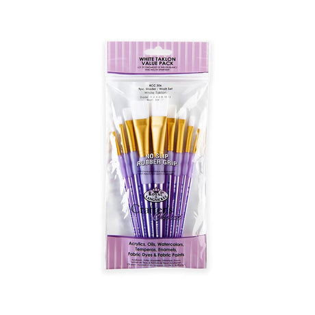 Pack of 9 shader / wash artist brushes with purple handles and gold ferrules in a clear plastic packaging on a white background.