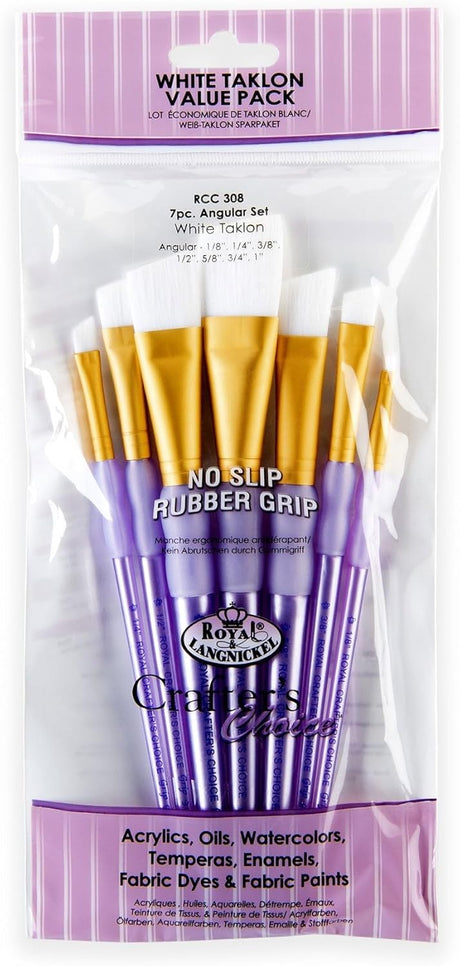A pack of Royal and Langnickel RCC 308 Angular Taklon Brushes with a variety of sizes, wrapped in plastic packaging displaying the brand, product name, sizes, and features like acrylics, oils, watercolors, and fabric & textile paints.
