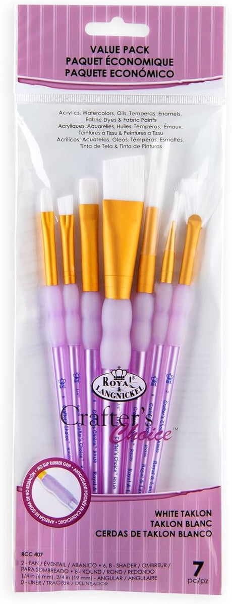 Pack of Royal & Langnickel RCC 407 Angular Variety Brush Set containing 7 pieces with white taklon bristles, displayed in a clear plastic packaging with pink accents.