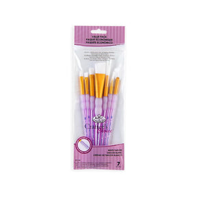 7 value Pack of artist paint brushes fan, round and angular with a purple and white packaging on a white background
