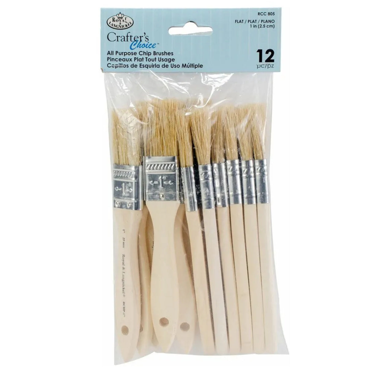A pack of 12 Royal & Langnickel crafters choice chip brushes with wooden handles.