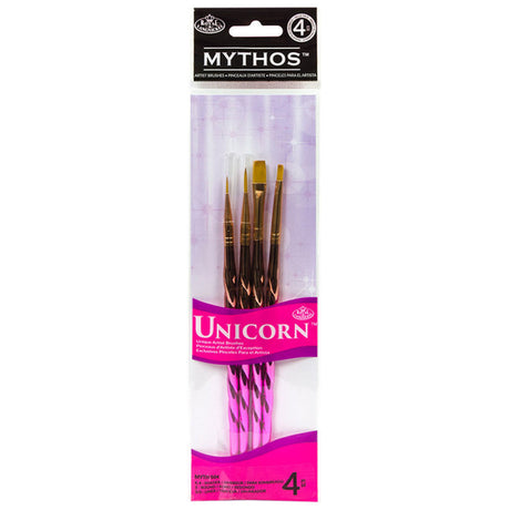 A packaged MYTH504 Mythos Unicorn 4 PC Brush Set with visible gold and purple brushes through the clear plastic front.