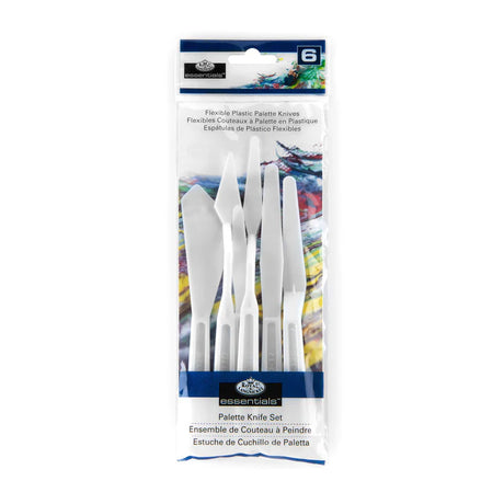 Packaged palette knife set with white knives on a blue and white background