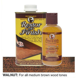 bottles of Howard Restor-A-Finish and Feed-N-Wax on a walnut wooden surface.