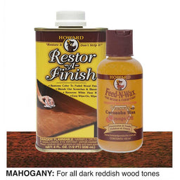 bottles of Howard Restor-A-Finish and Feed-N-Wax on a mahogany wooden surface.