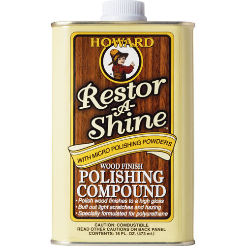 A container of Howard Restor-A-Shine Wood Finish Polishing Compound with a yellow label, featuring the product name and an image of a polished wood surface.