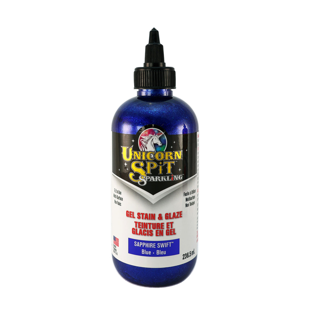 a 236.5ml bottle of unicorn spit gel stain in blue on a white background