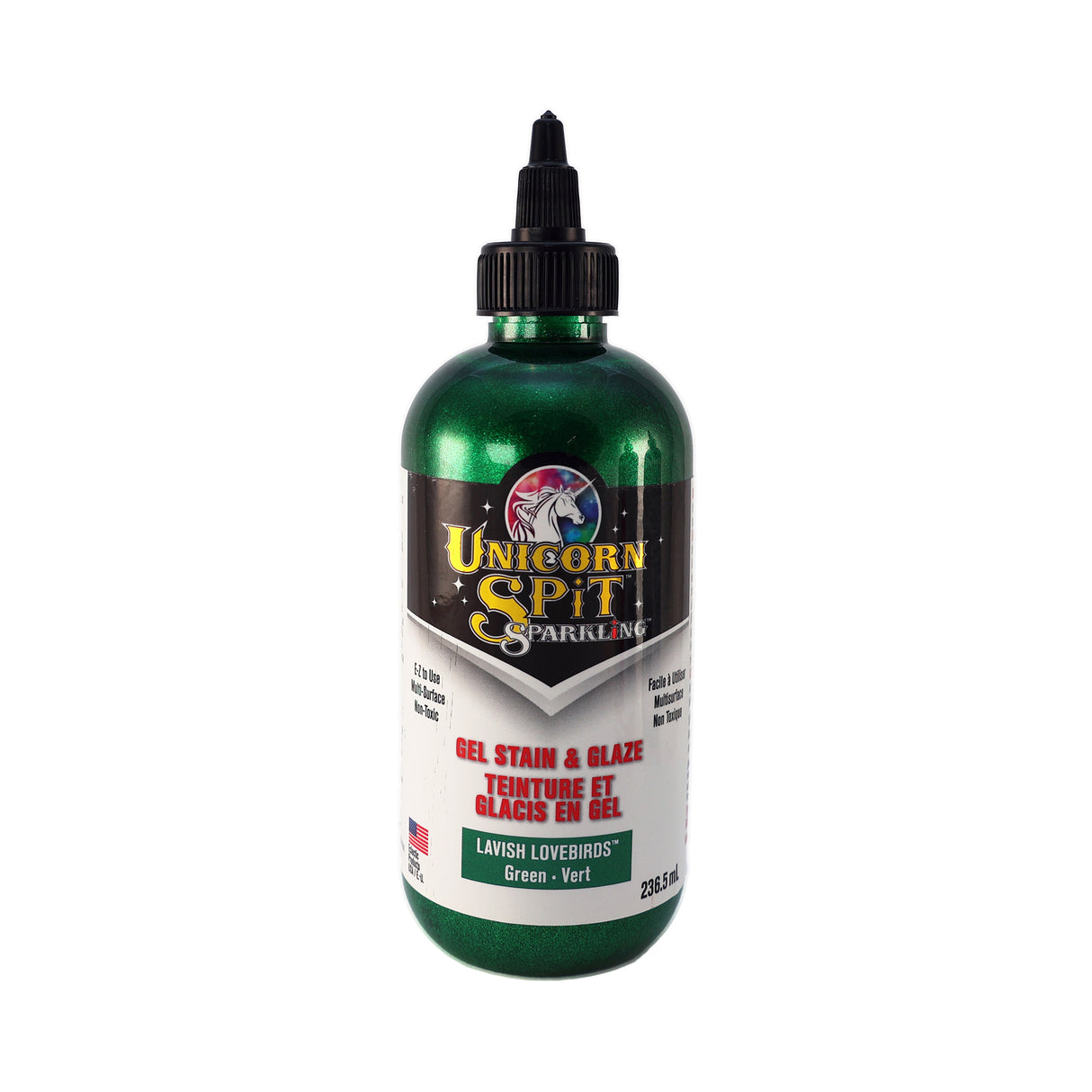 A bottle of Sparkling Unicorn SPiT Gel Stain Paint in Green.