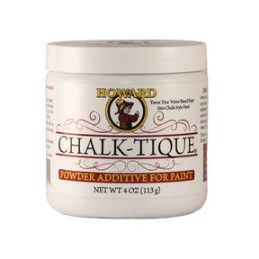 A container of Howard Chalk-Tique Powder Additive for paint, with a label showing the brand logo and product information.