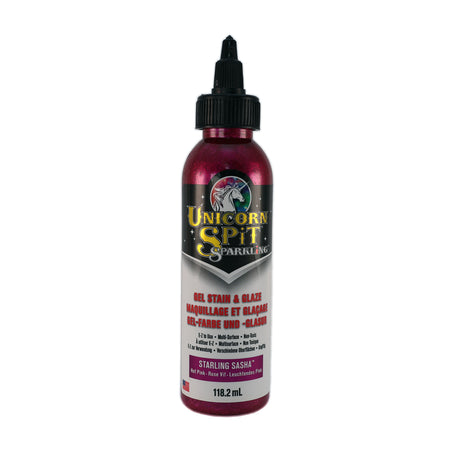 A bottle of Unicorn SPiT Sparkling Gel Stain in purple color with a label showing the brand and product name.
