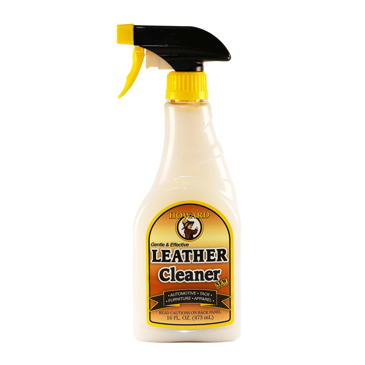 A white spray bottle labeled 'Howard Leather Cleaner' with a black spray nozzle and yellow accents.